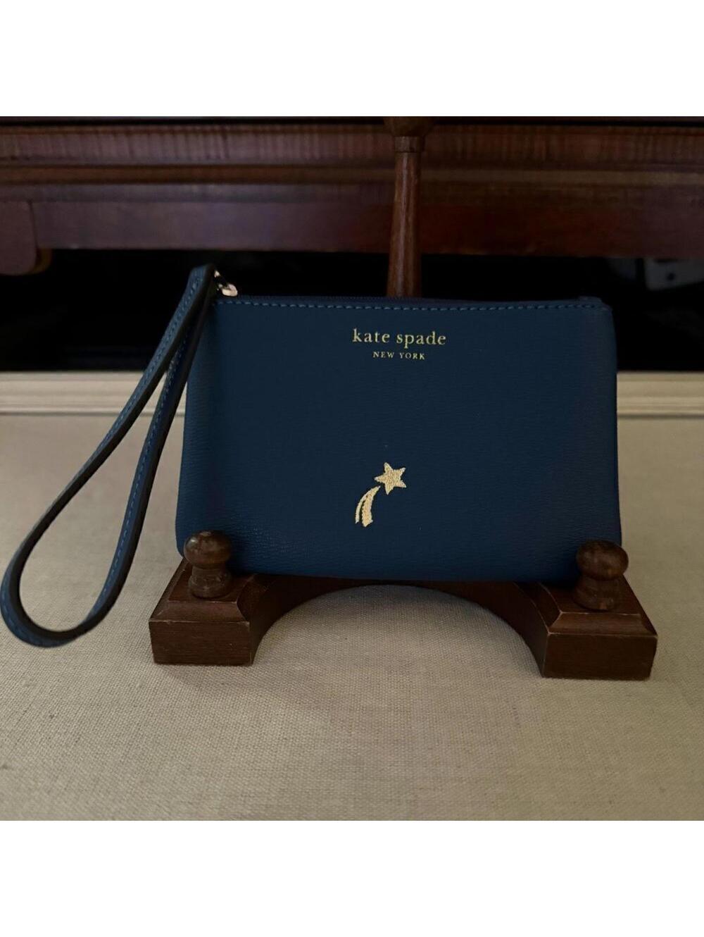 Kate Spade navy blue pouch wristlet w gold embossed shooting star NWOT